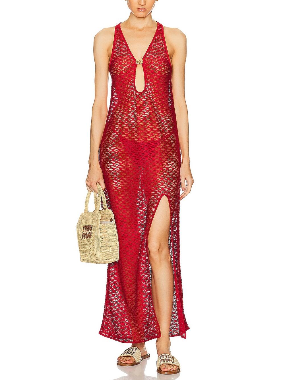 Ganni Chic Red Mesh Lace Keyhole Maxi Dress Size FR 38 / US 6